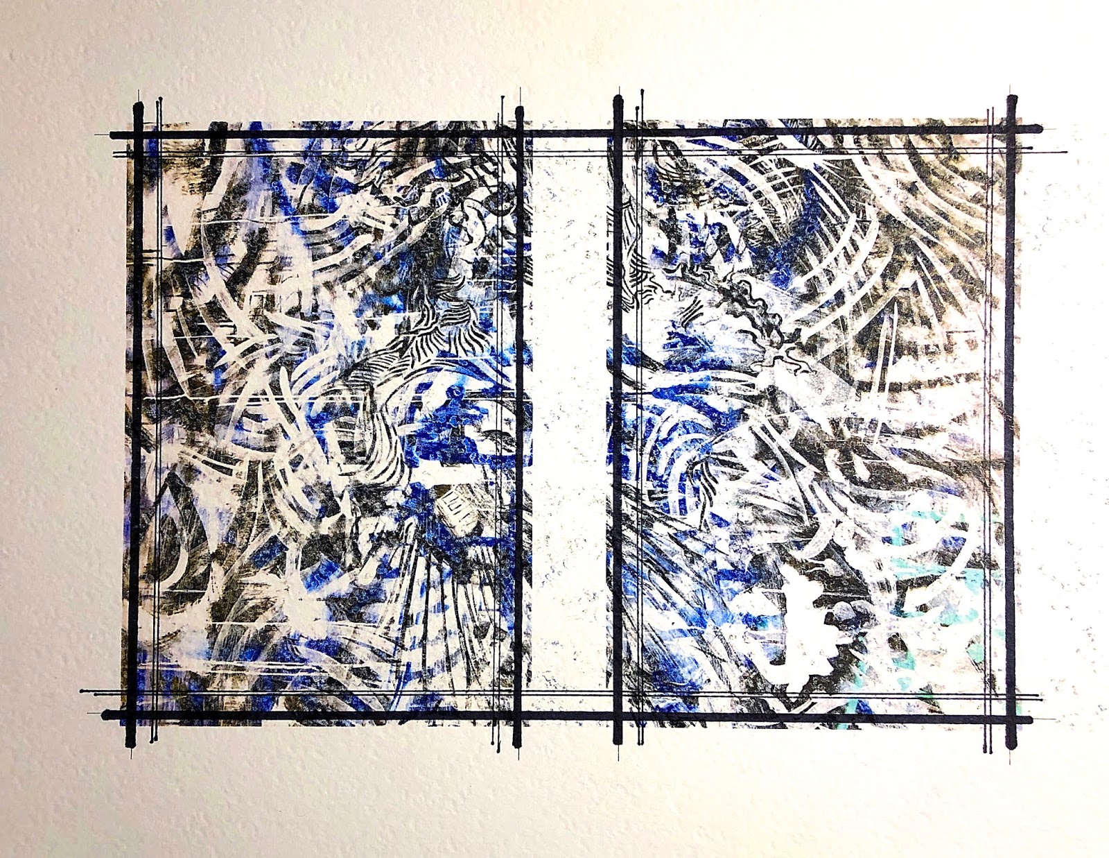 Abstract mixed-media artwork with layered black, white, and cobalt blue gestural marks arranged in a gridded, architectural composition, exhibited in a 2019 mail art exhibition in the Netherlands.