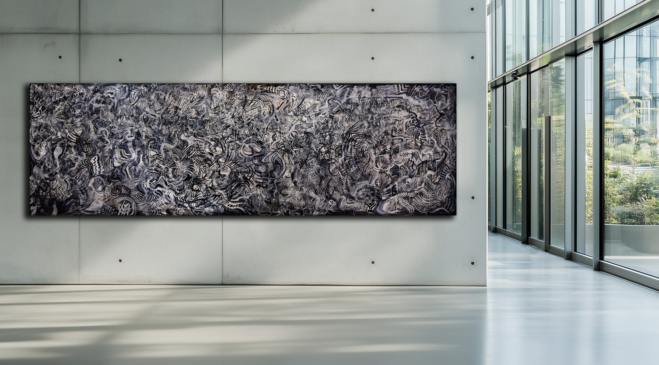 Image of a 212 inch wide, by 63 inch tall black and white painting inside a modern art gallery.