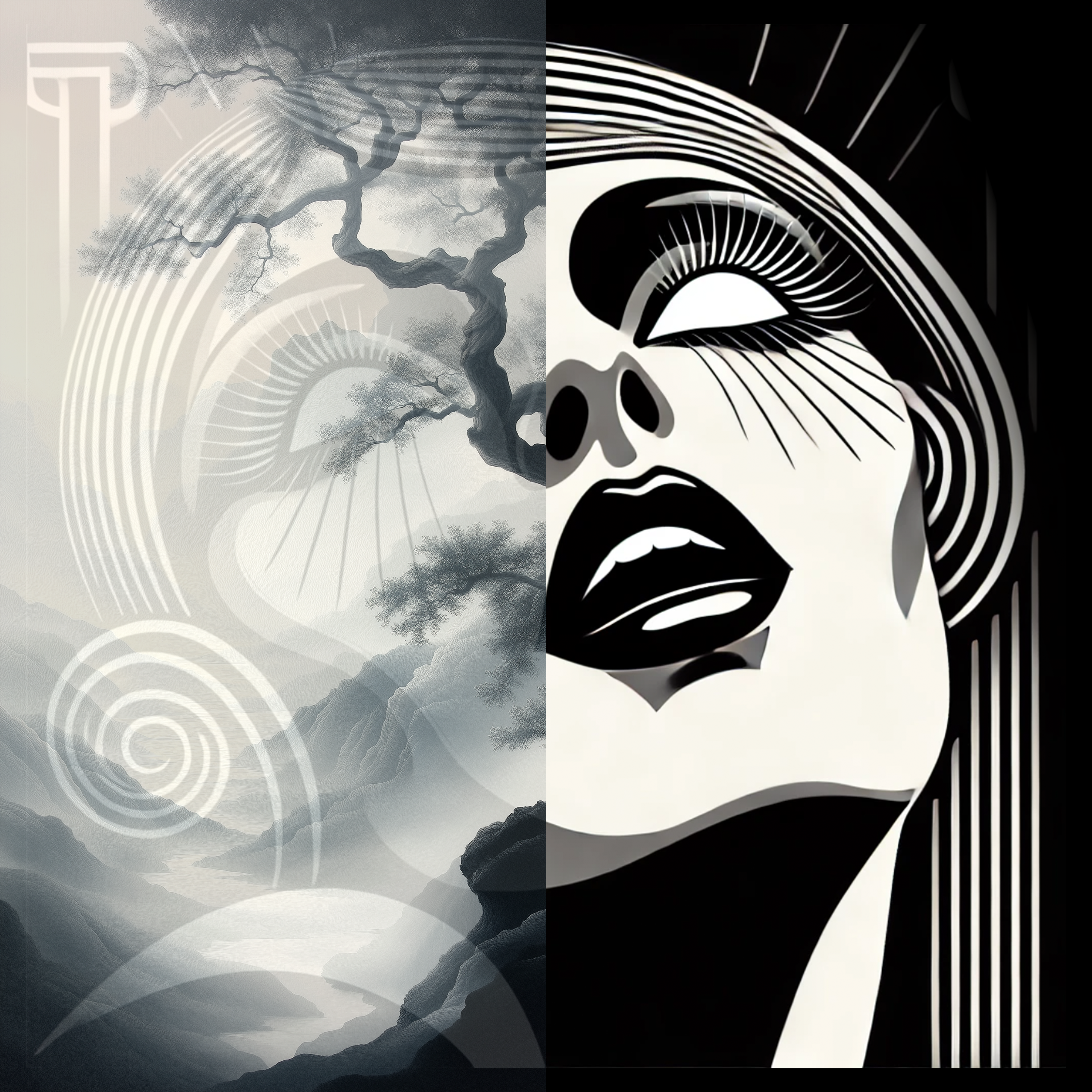 This image is a split composition. The left side features a serene and minimalist landscape with misty mountains, a winding river, and a tree rendered in grayscale with delicate, flowing circular lines. The right side showcases an abstract, high-contrast black-and-white depiction of a stylized woman's face, with bold features and radiating lines, evoking a sense of Art Deco elegance. The juxtaposition of natural calmness and bold modernity creates a striking visual contrast.