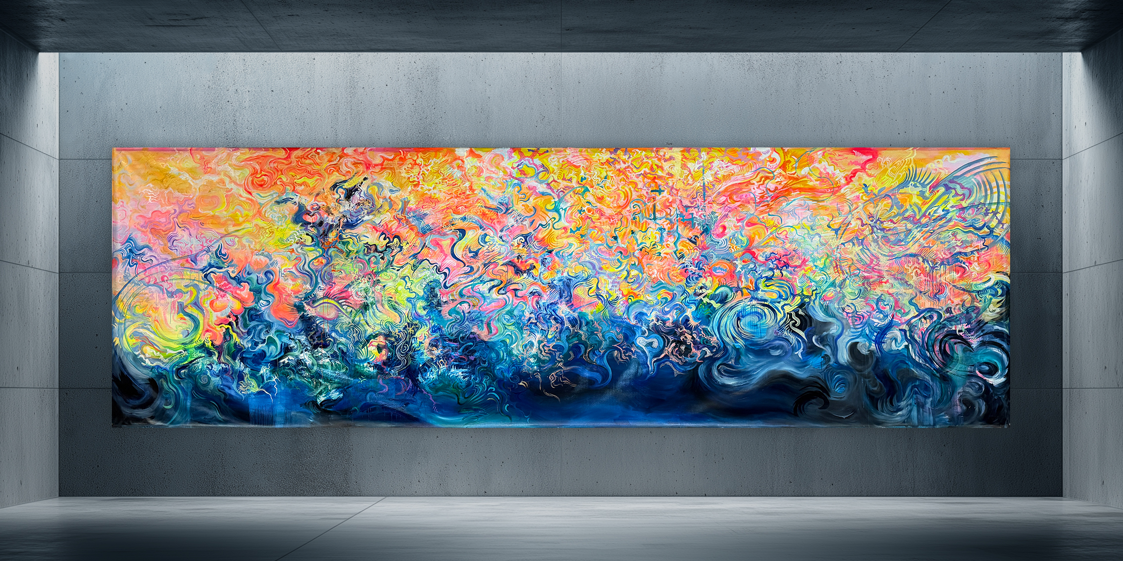 Homage_to Failure_I_progresisve_arch_II Image of a 212 inch wide, by 63 inch tall black and white painting inside a modern art gallery.