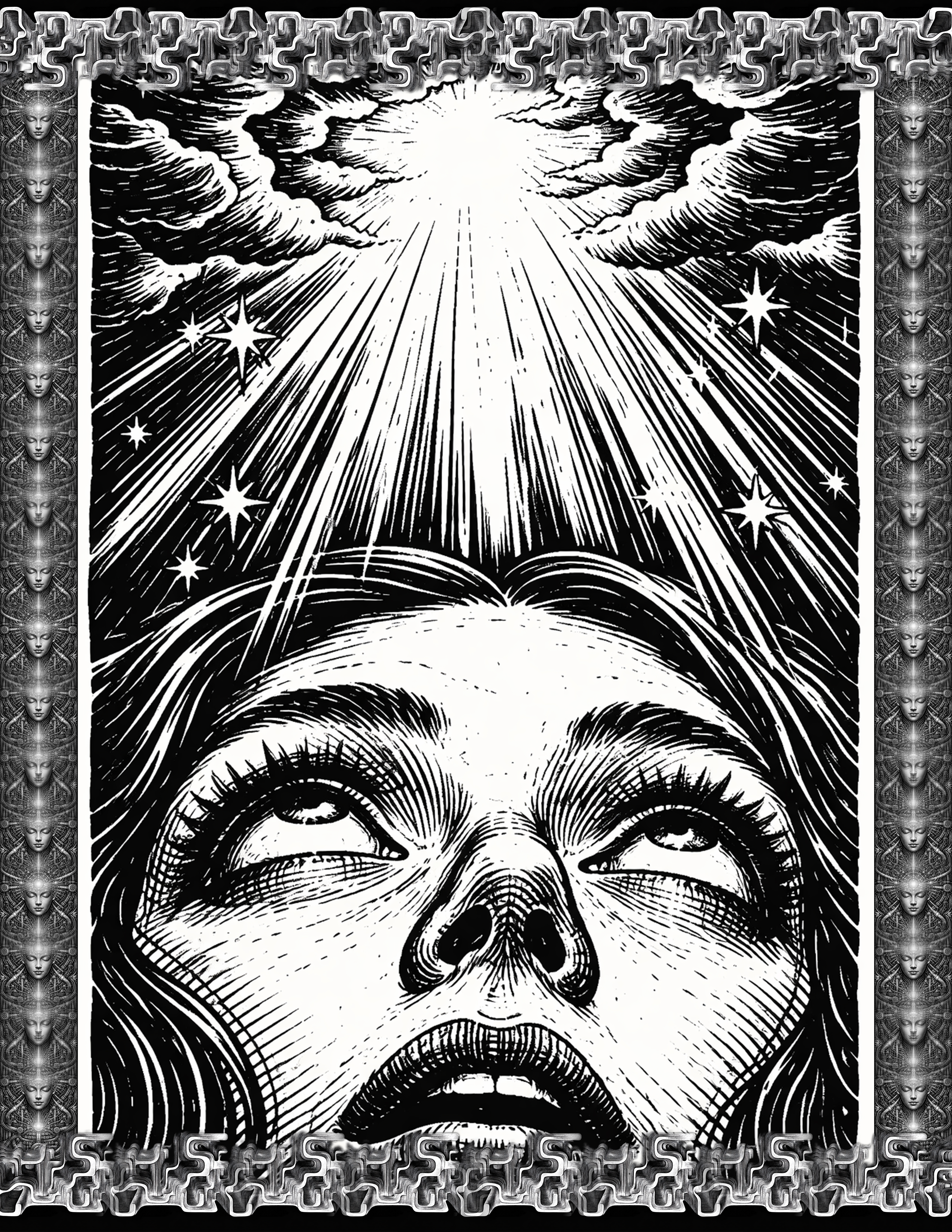 Black-and-white ink illustration of a cropped human face with eyes gazing upward toward a radiant opening in the sky, beams of light breaking through clouds and stars above, framed by repeating ornamental borders, evoking consciousness, revelation, and cosmic inquiry.
