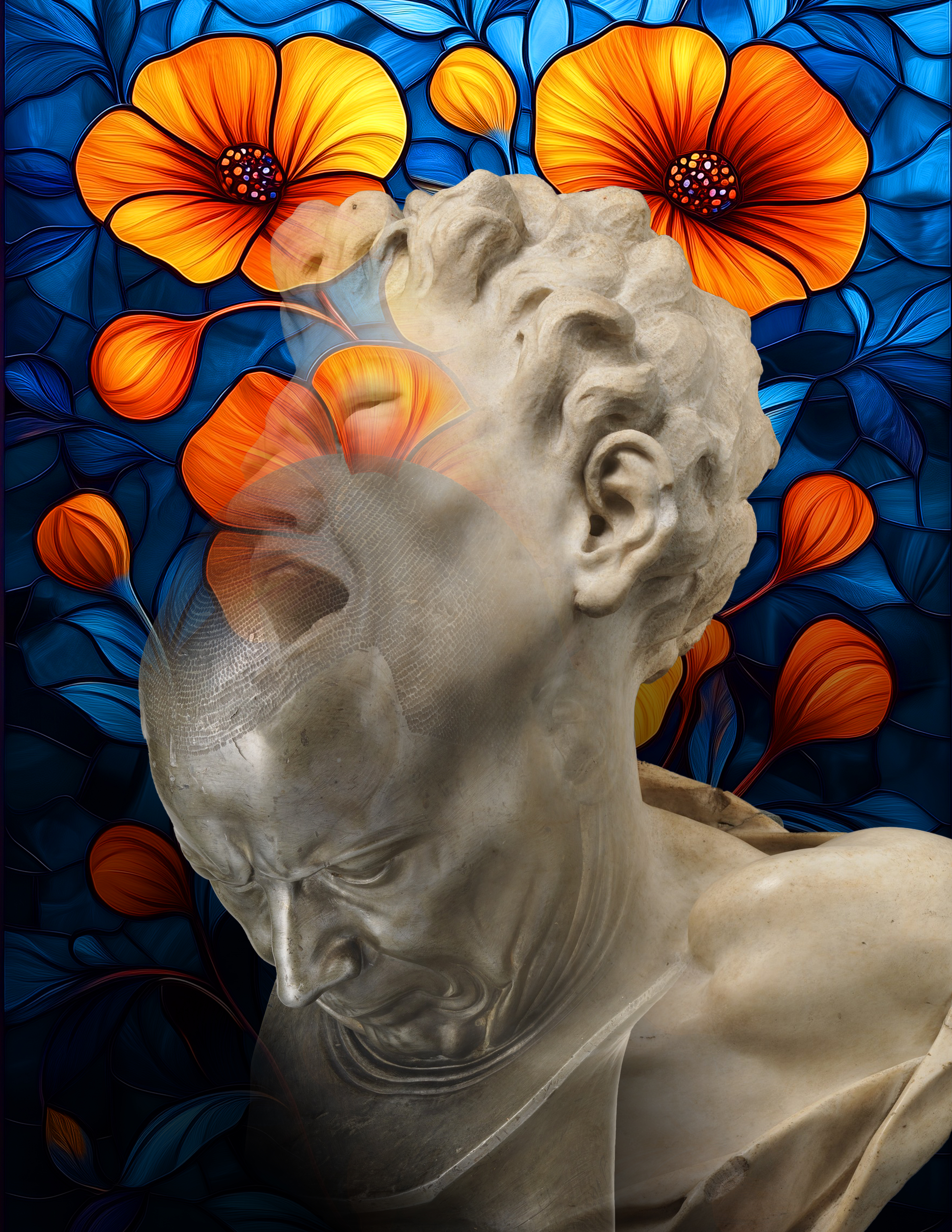 A surreal composite image showing two overlapping classical marble male busts—one gazing upward, the other bowed downward—set against a vivid blue and orange stained-glass–style floral background, blending sculpture, transparency, and ornamental pattern.