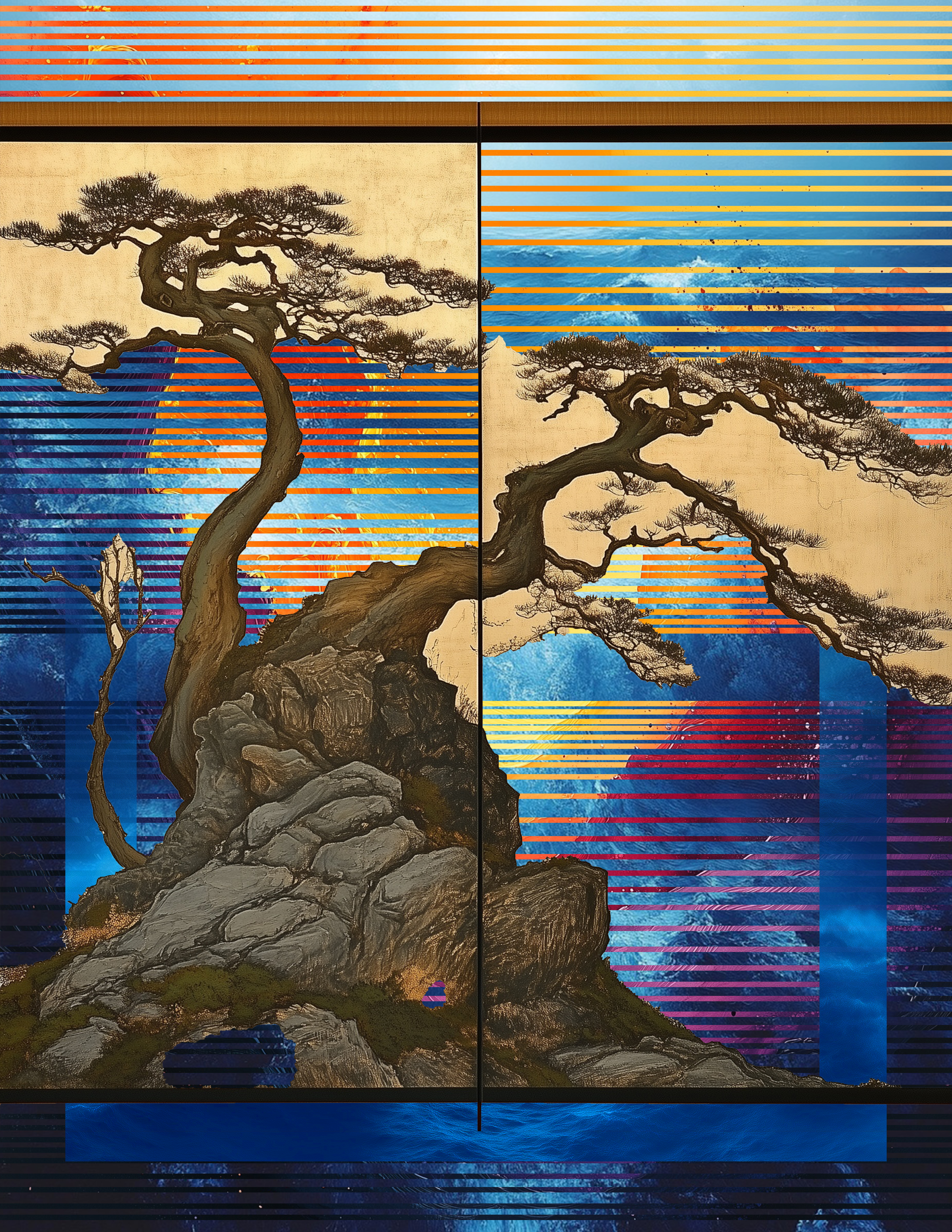 Japanese-inspired landscape with windswept pine trees on rocky cliffs over abstract blue ocean and colorful horizontal geometric bands