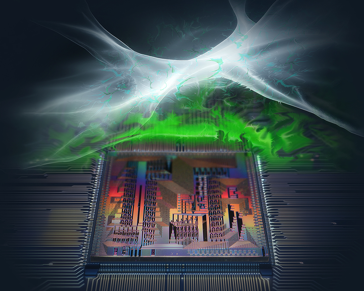 Digital illustration of a colorful integrated circuit chip emitting bright green energy and glowing white neural pathways that branch upward like synapses, symbolizing the fusion of artificial intelligence and semiconductor technology.