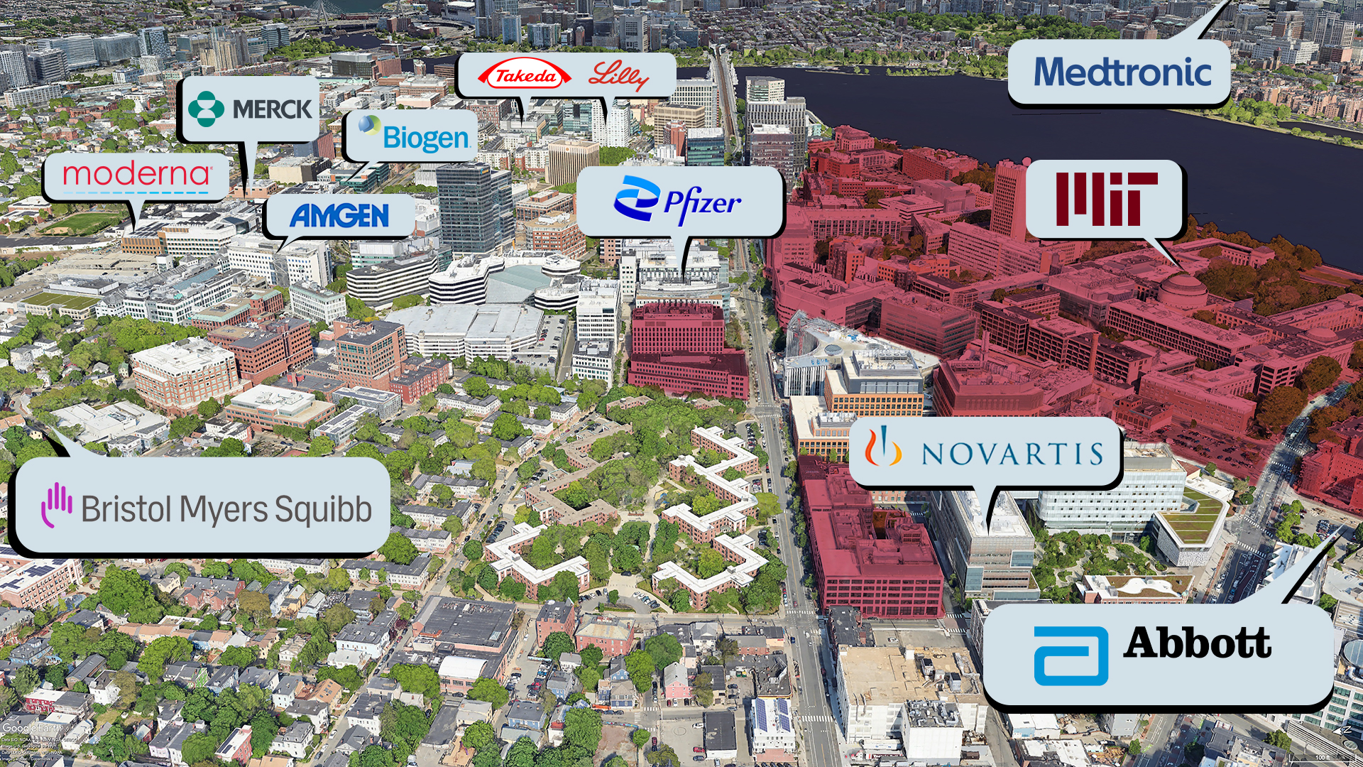 Aerial 3D map of Cambridge and Boston showing the locations of major pharmaceutical and biotech companies including Merck, Moderna, Amgen, Biogen, Takeda, Lilly, Pfizer, Bristol Myers Squibb, Novartis, Abbott, Medtronic, and MIT, with the MIT campus highlighted in red along the Charles River.