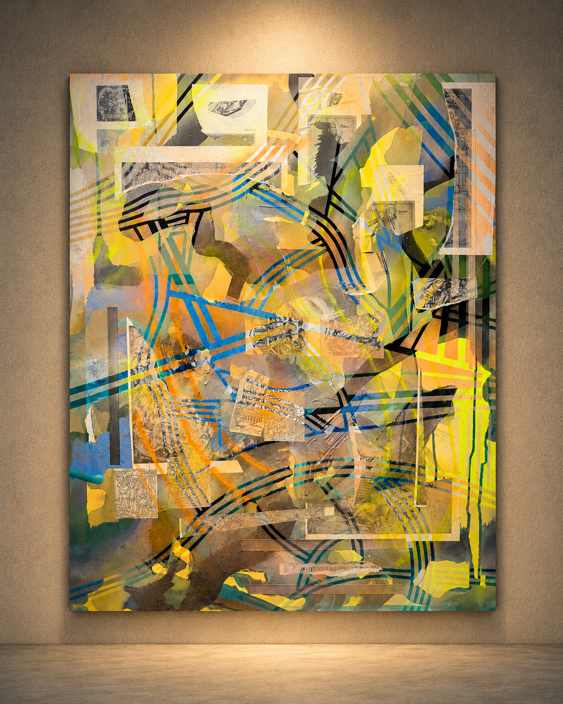 Ancestral Portal VIII – Fitchburg Art Museum 90th Regional Exhibition of Art and Craft - Sampson Wilcox Ancestral Portal VIII by Sampson Wilcox, a mixed-media abstract painting with layered historical imagery, translucent color fields, and intersecting blue, black, yellow, and green linear forms.