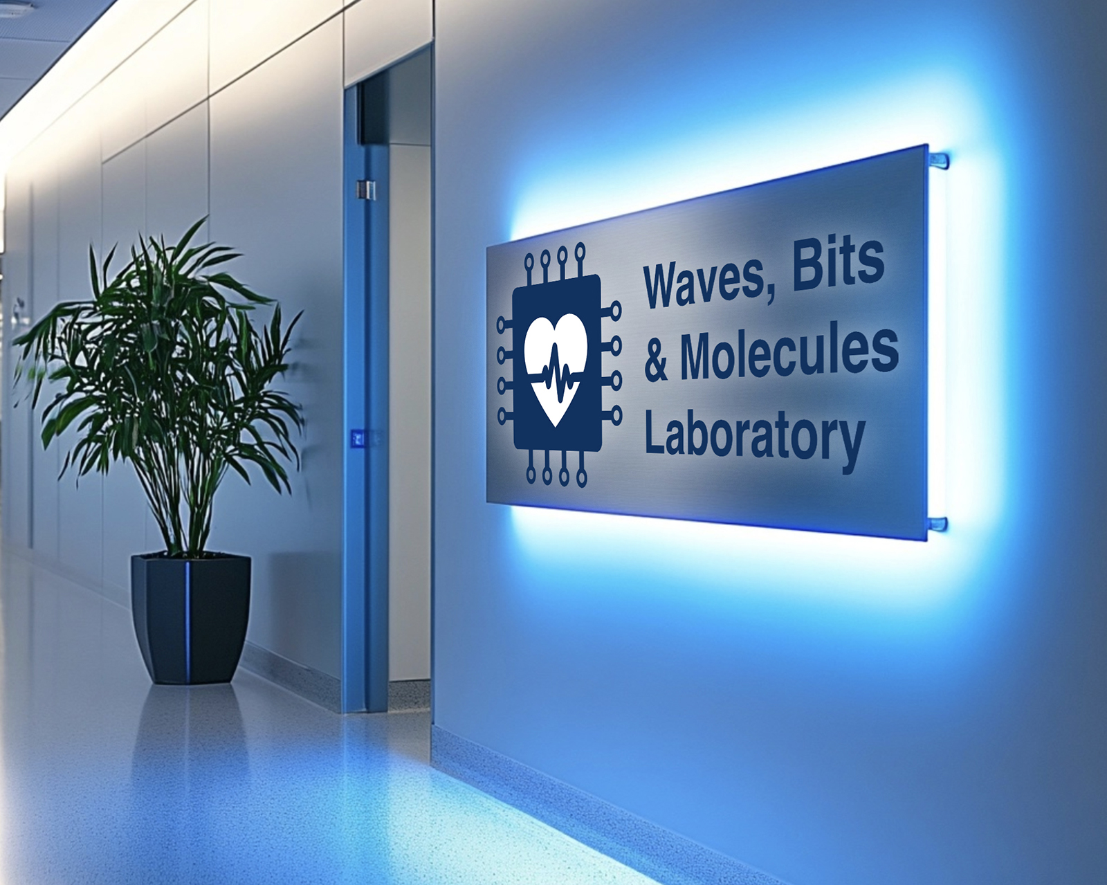 Backlit blue LED sign reading "Waves, Bits & Molecules Laboratory" mounted on a white wall in a modern research facility hallway, featuring a chip icon with a heart rate monitor symbol. A green potted plant stands near a door in the background.