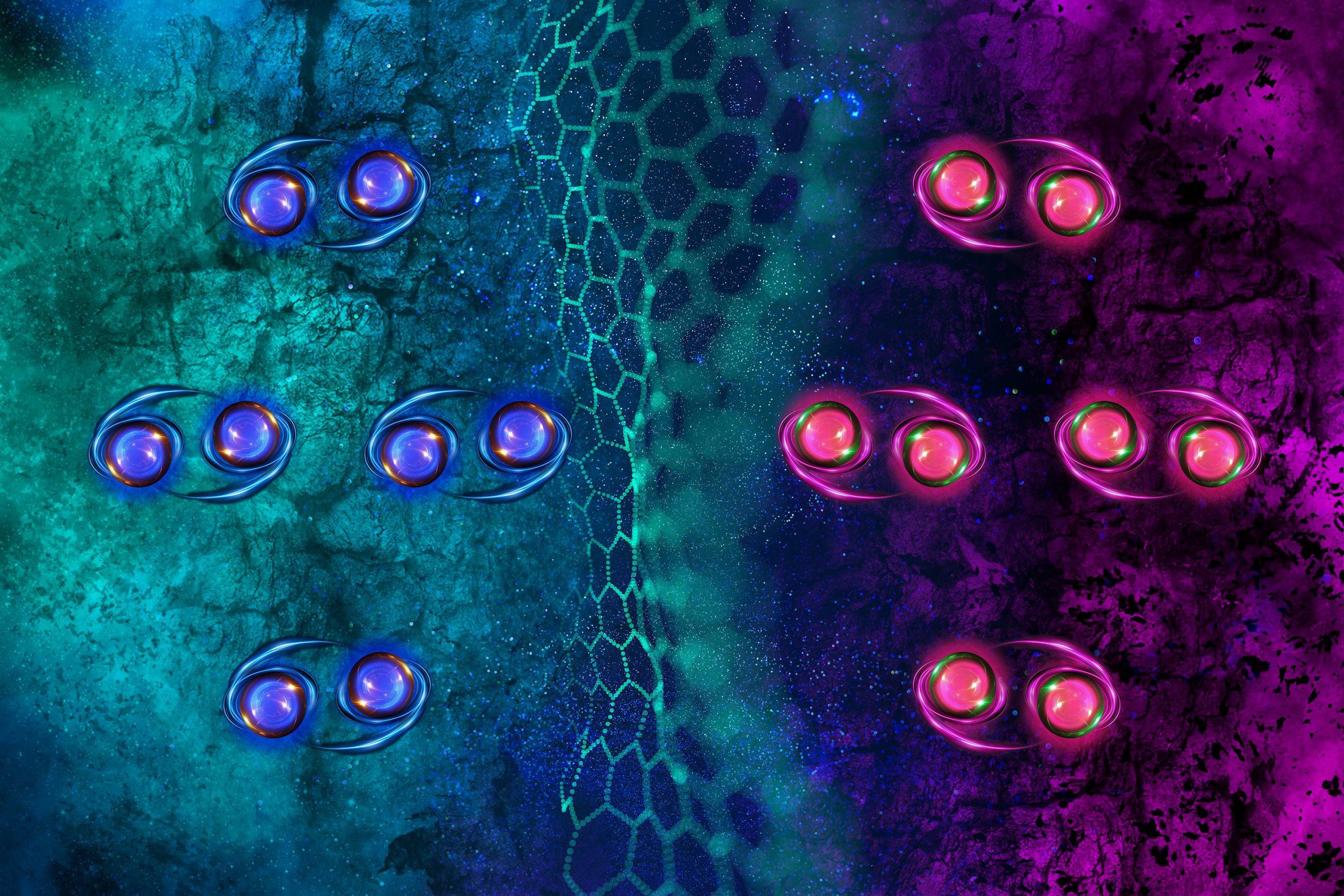 Digital science illustration showing six pairs of glowing orbs symmetrically arranged on opposite sides of a central hexagonal molecular chain. Left side features blue-violet orbs with metallic swirling rings on a teal background; right side mirrors them with hot pink orbs with neon green rings on a deep magenta-purple background, representing quantum entanglement or paired particle states.
